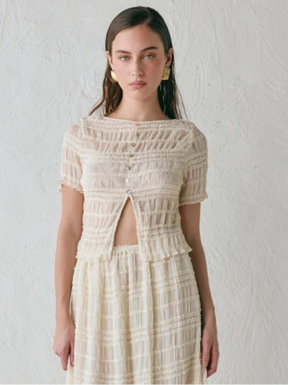 Vrg Grl - Cream Textured Short-Sleeve Top